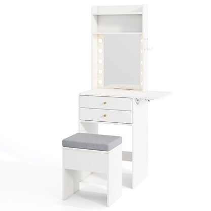 Small Makeup Vanity Desk with Mirror and Lights with Charging Station-White