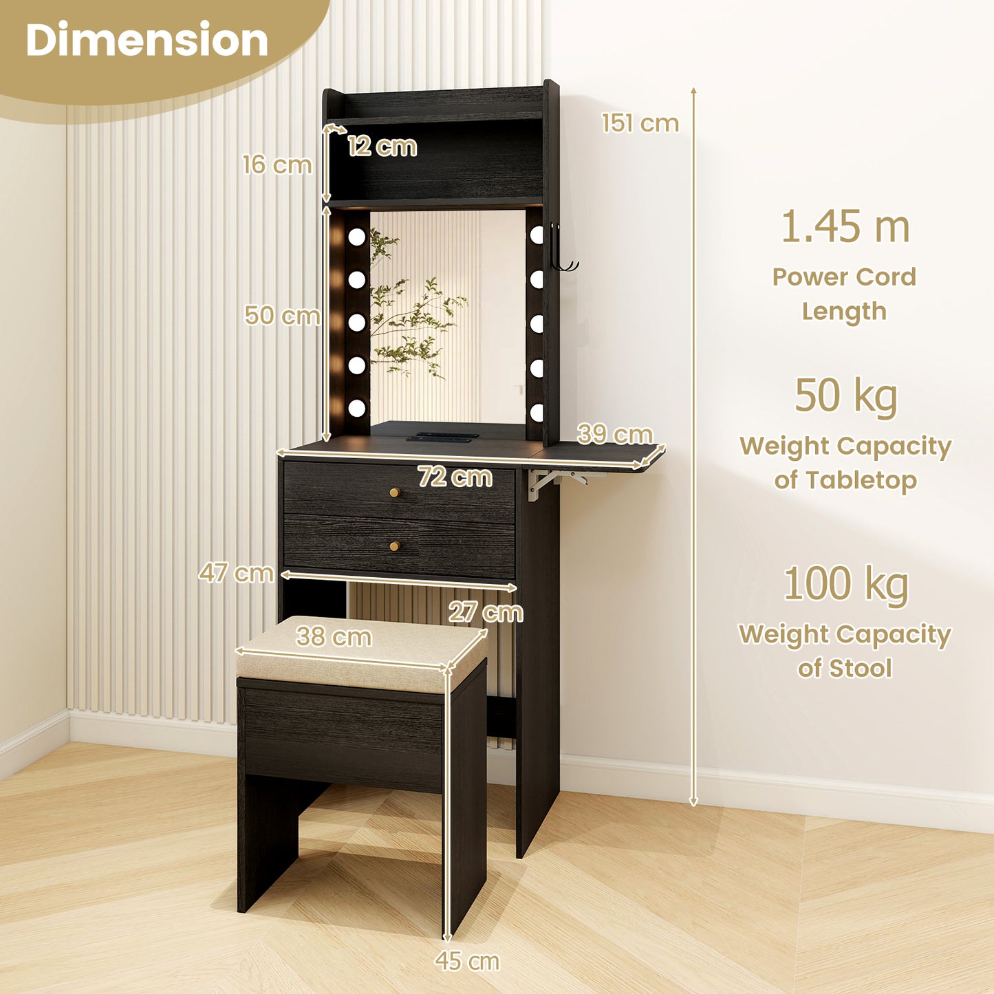 Small Makeup Vanity Desk with Mirror and Lights with Charging Station-Black