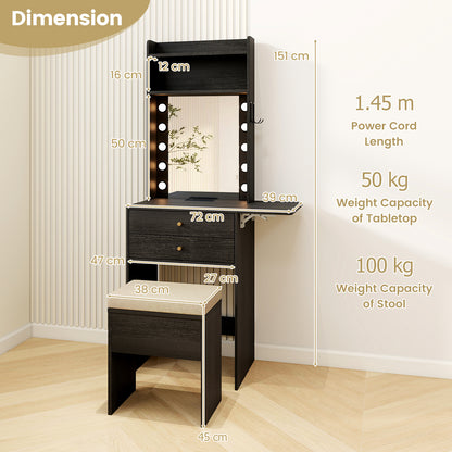 Small Makeup Vanity Desk with Mirror and Lights with Charging Station-Black