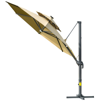 Outsunny 3m Cantilever Parasol w/ Solar Lights Power Bank Base 360 Spin Khaki