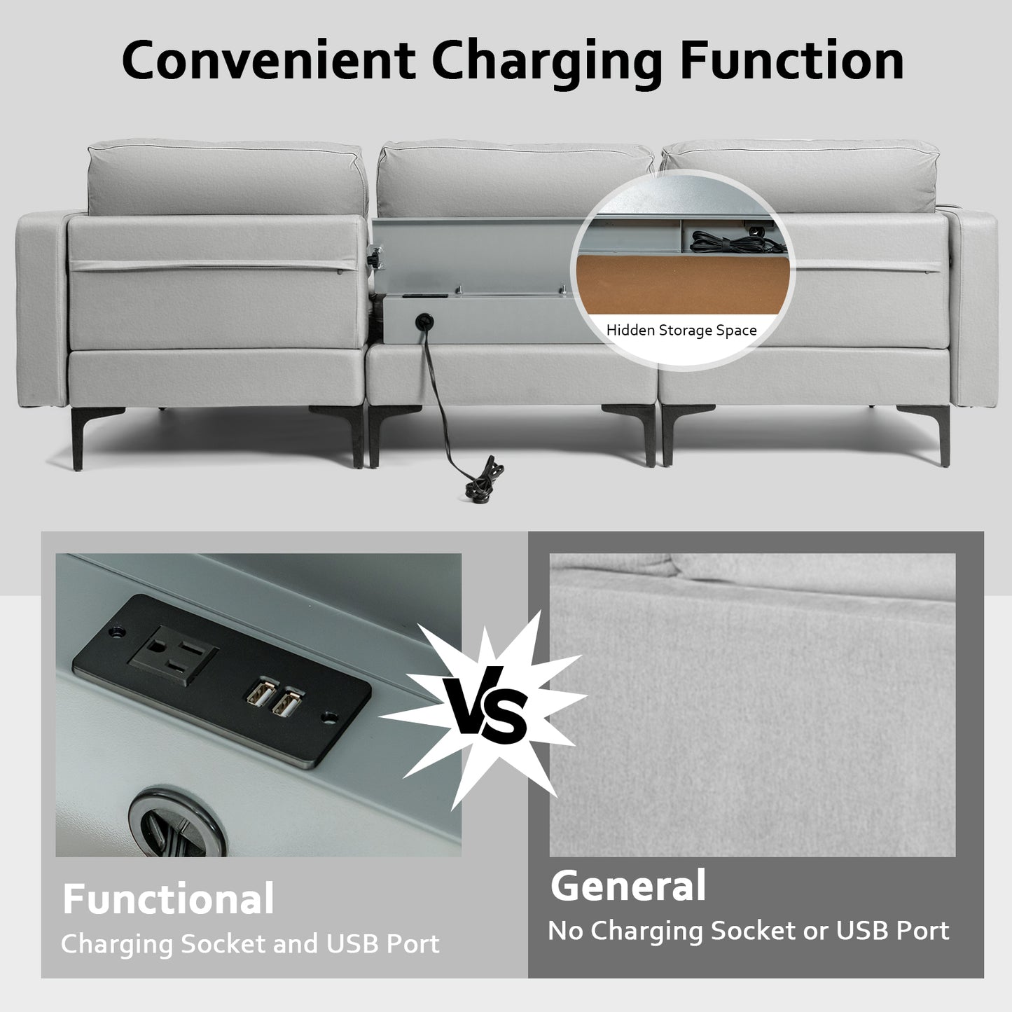 Modular L-shaped Sofa with Chaise, Reversible Ottoman, Built-in Socket-Light Grey