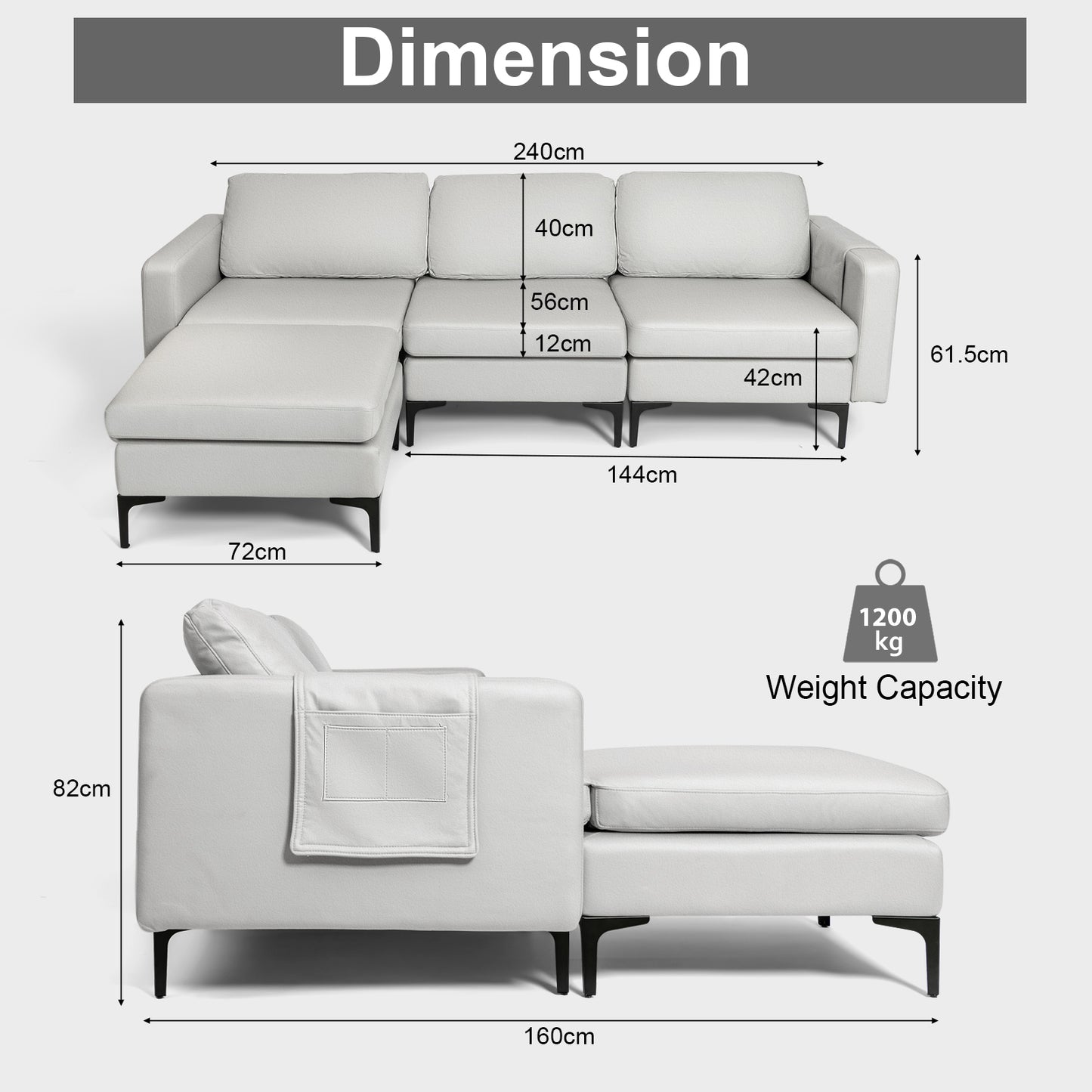 Modular L-shaped Sofa with Chaise, Reversible Ottoman, Built-in Socket-Light Grey