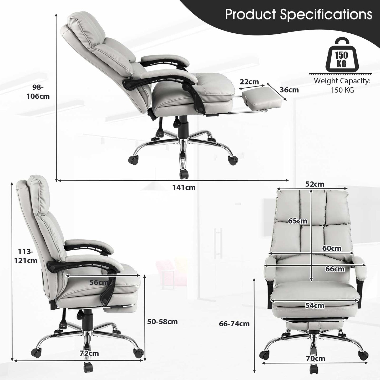 Soft Padded Office Chair Ergonomic Adjustable Reclining Computer Chair with Retractable Footrest-White