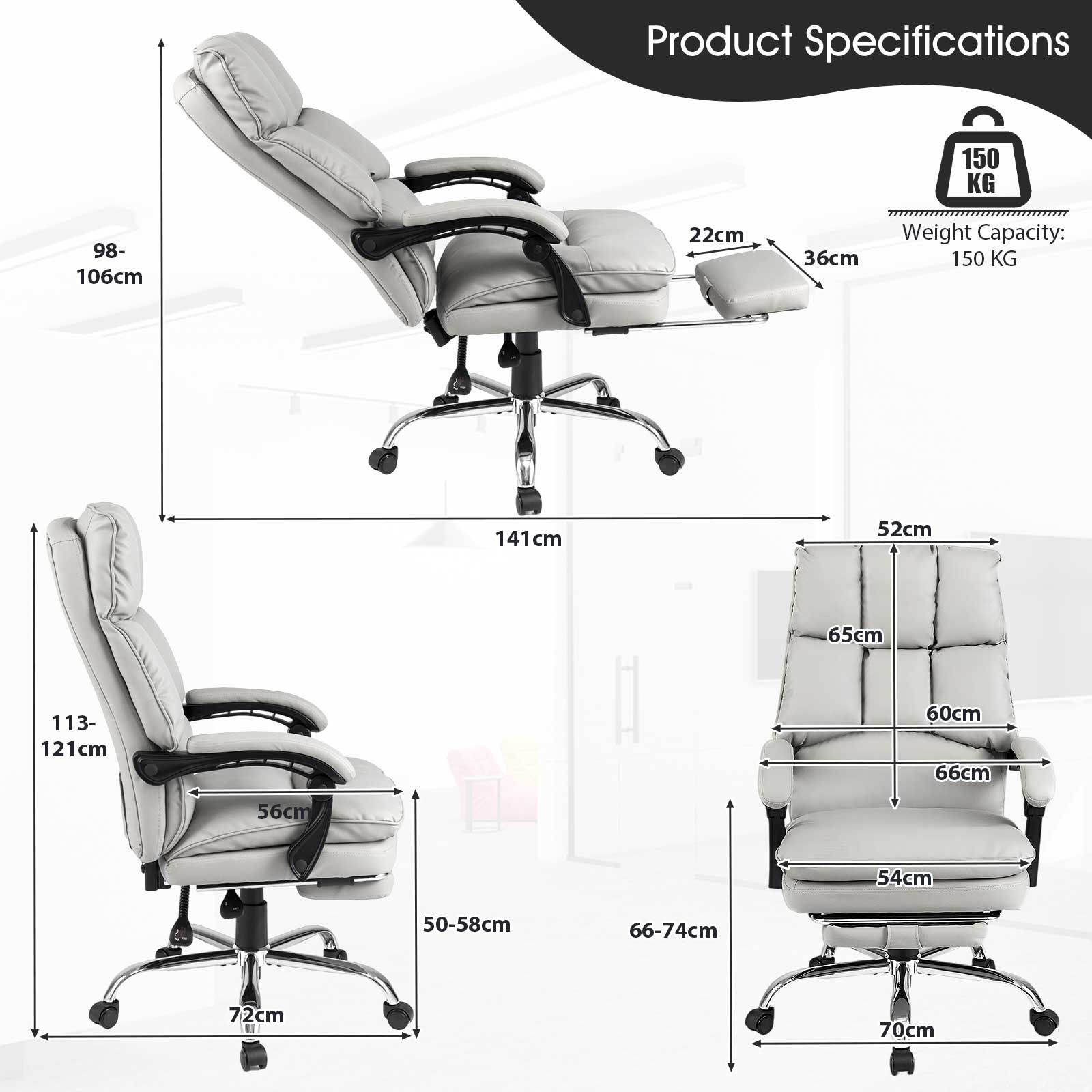 Soft Padded Office Chair Ergonomic Adjustable Reclining Computer Chair with Retractable Footrest-White