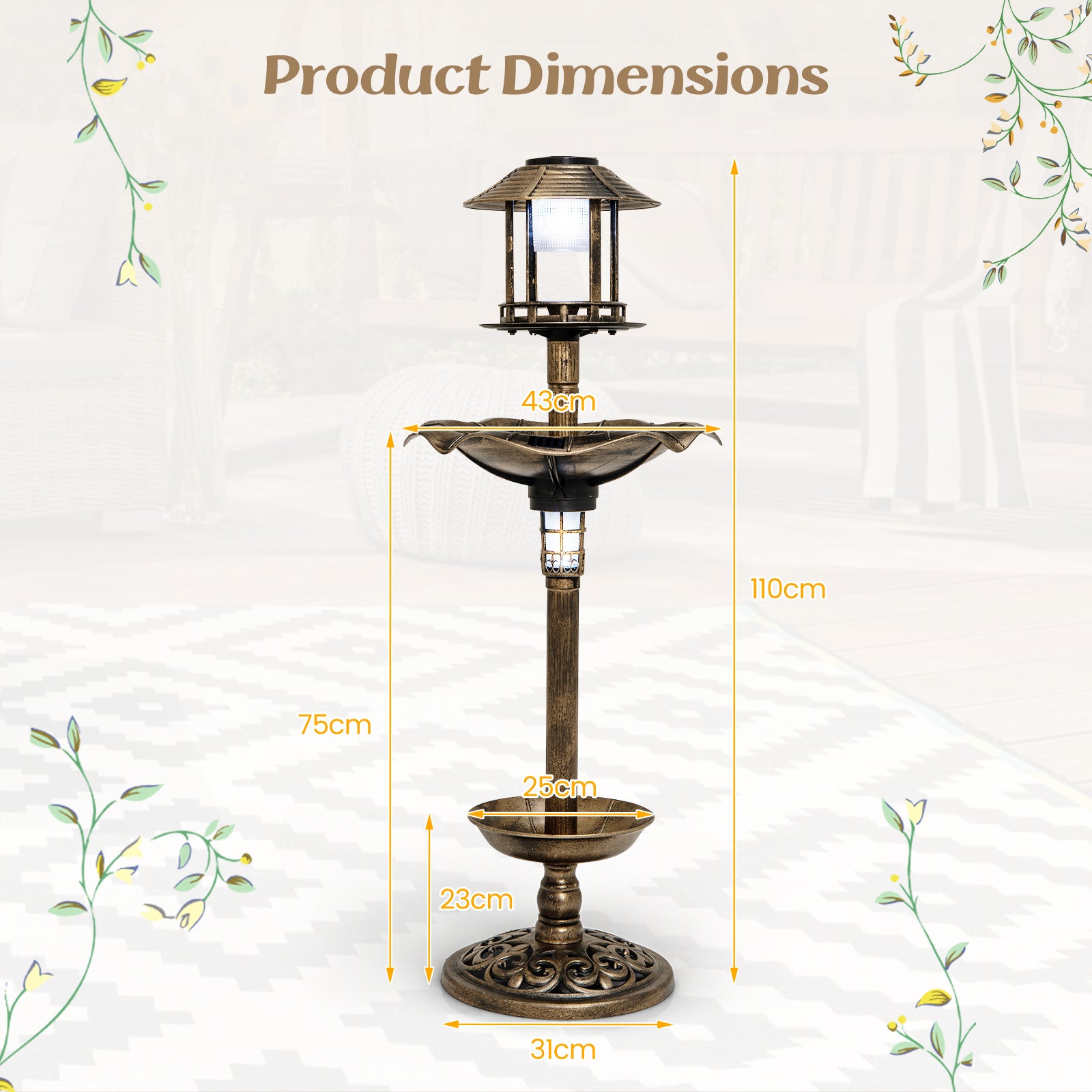 Antique Lighted Birdbath and Feeder Combo with 2 Solar-powered Lamps-Antique