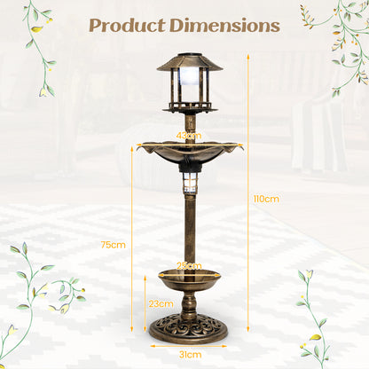Antique Lighted Birdbath and Feeder Combo with 2 Solar-powered Lamps-Antique
