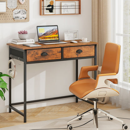 Space Saving Computer Desk with 2 Fabric Drawers-Rustic Brown