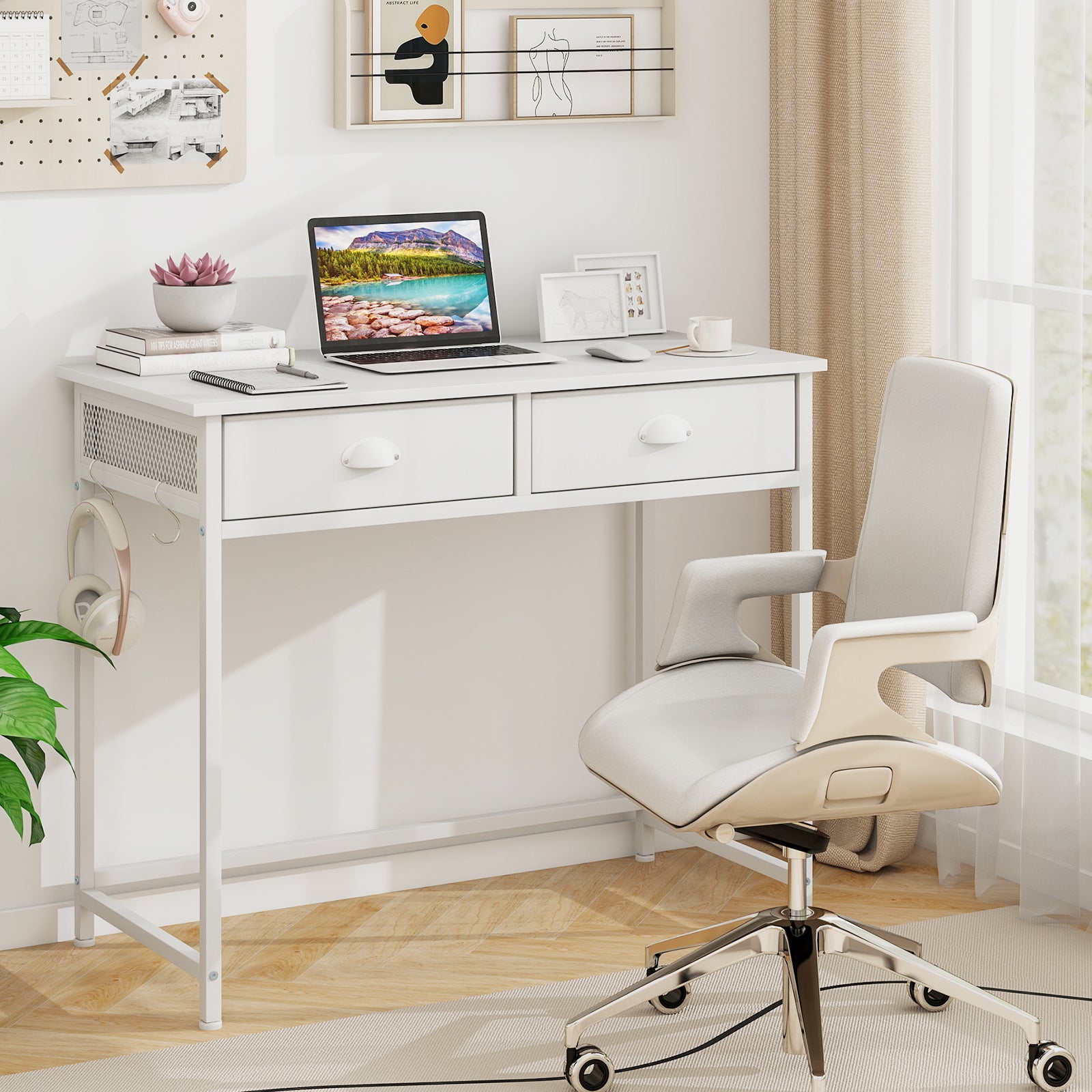 Space Saving Computer Desk with 2 Fabric Drawers-White