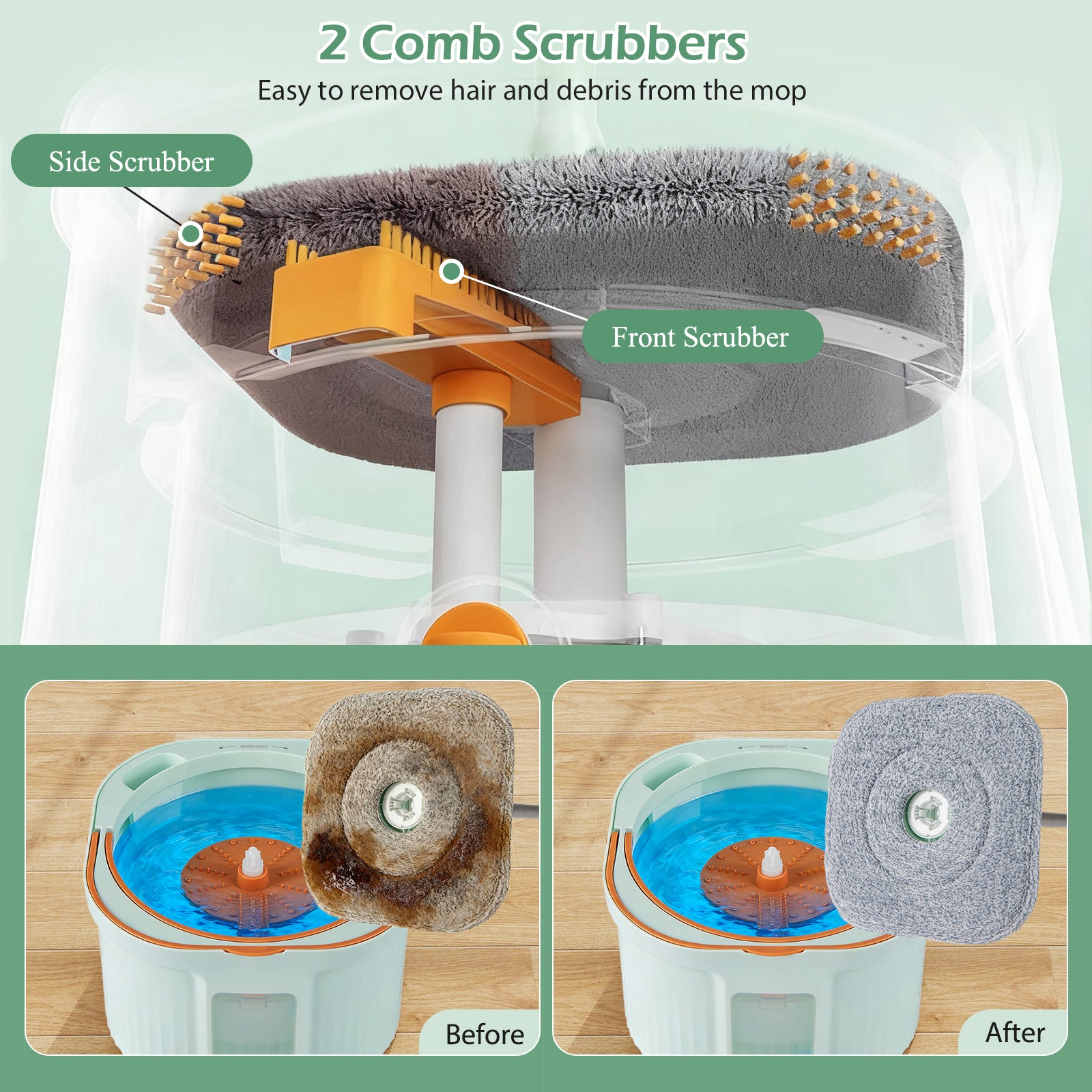 Spin Mop and Bucket Set Square with 8 Microfiber Mop Pads-Green