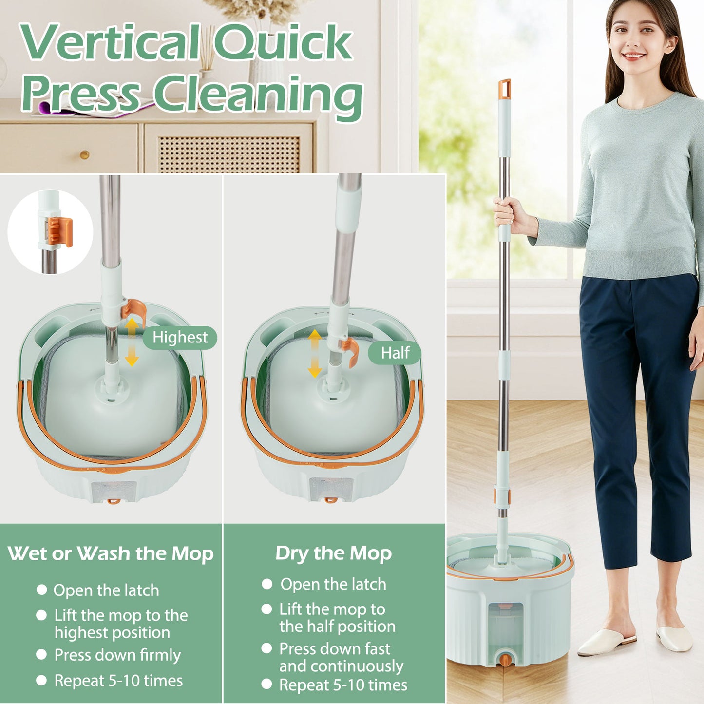Spin Mop and Bucket Set Square with 8 Microfiber Mop Pads-Green