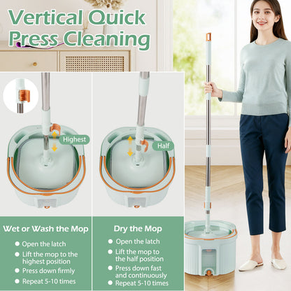 Spin Mop and Bucket Set Square with 8 Microfiber Mop Pads-Green