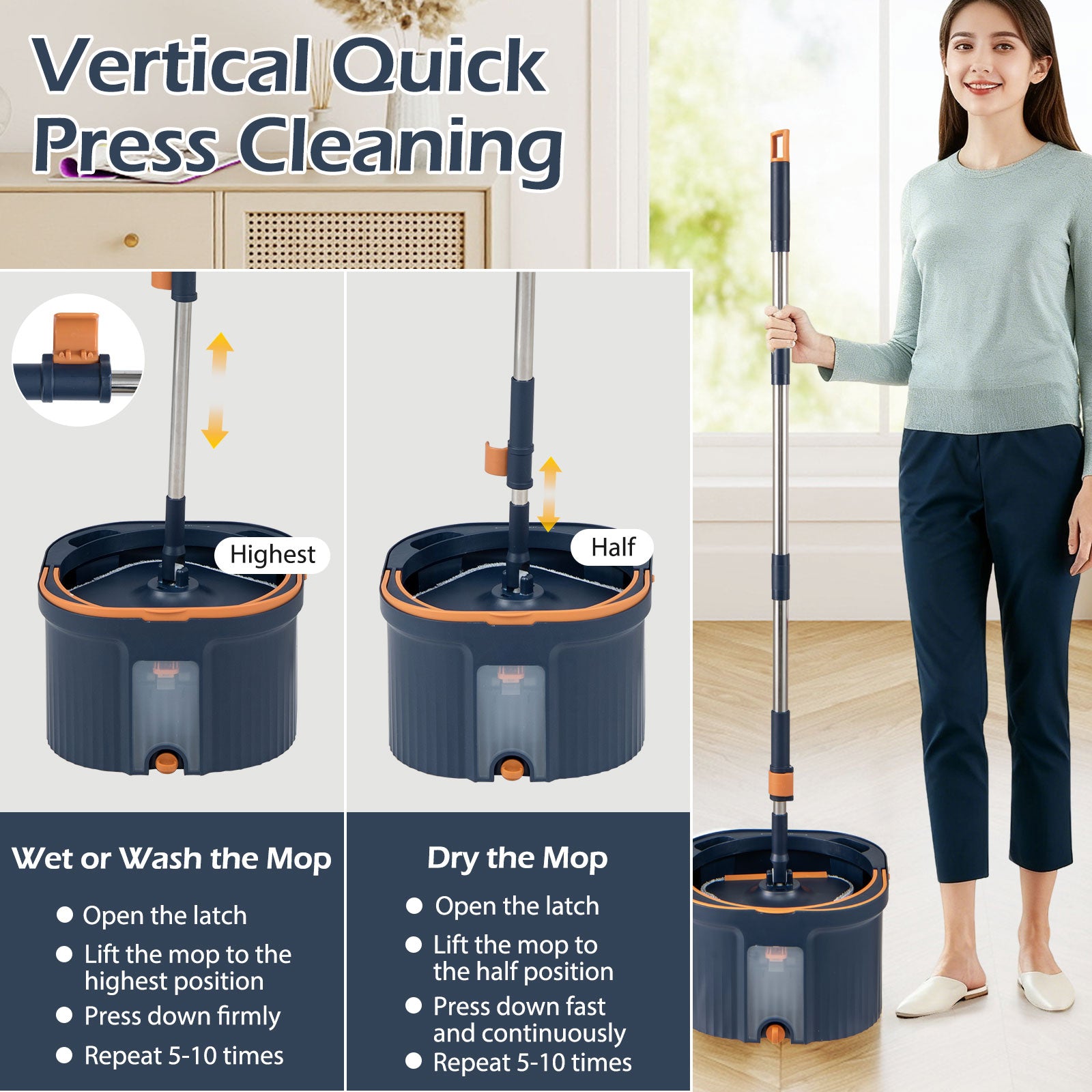 Spin Mop and Bucket Set Square with 8 Microfiber Mop Pads-Navy