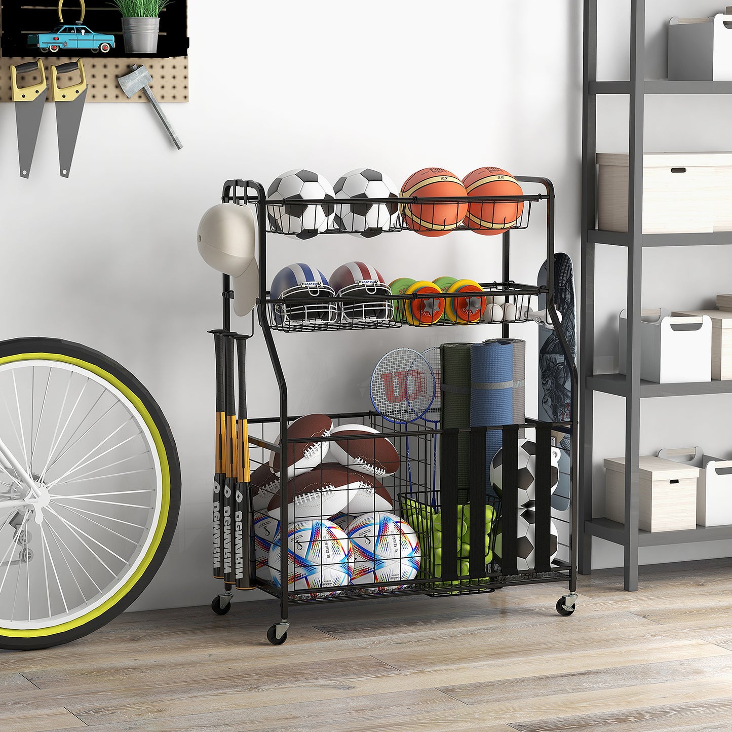 Sports Equipment Storage Rack Rolling Sports Ball Storage Cart-Black
