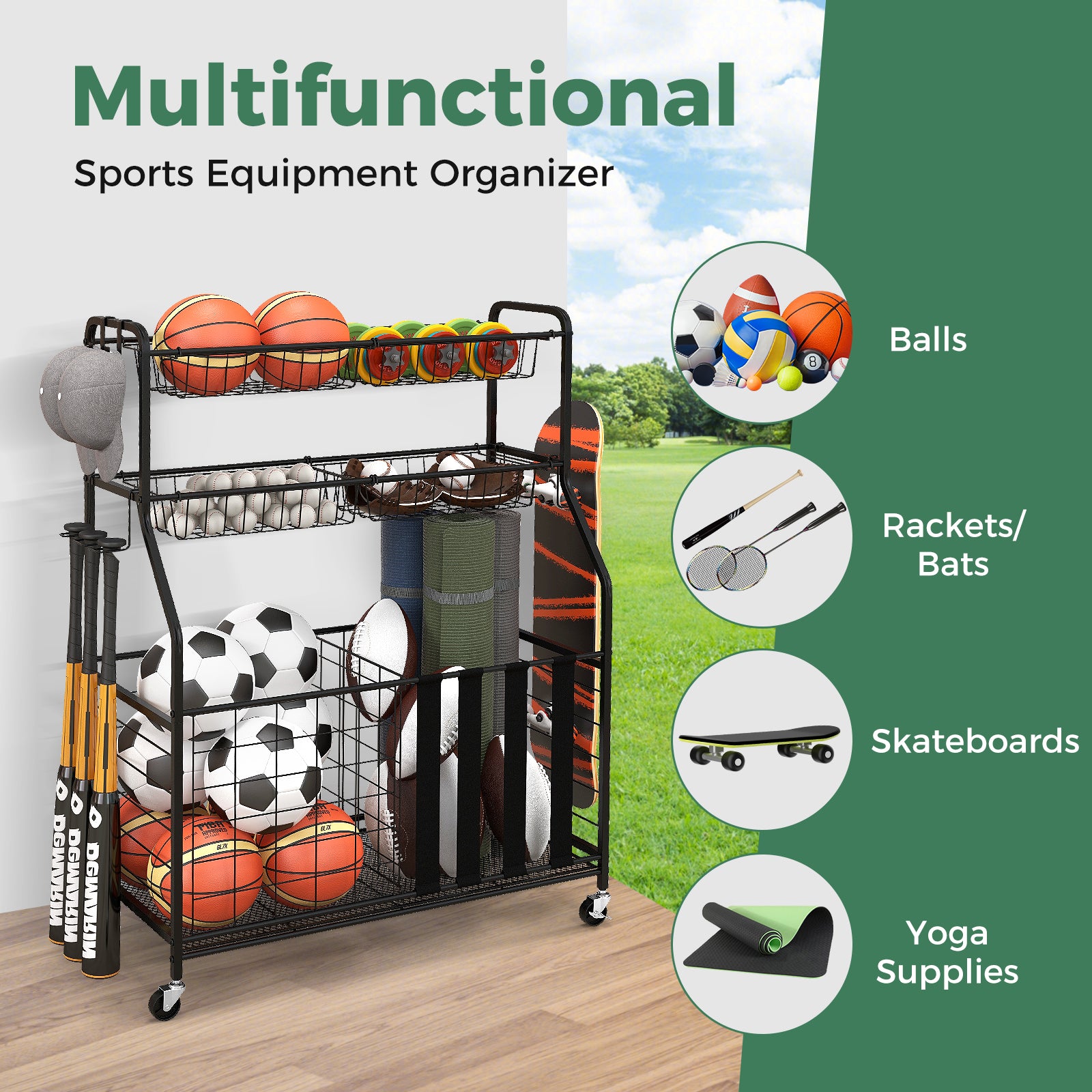 Sports Equipment Storage Rack Rolling Sports Ball Storage Cart-Black