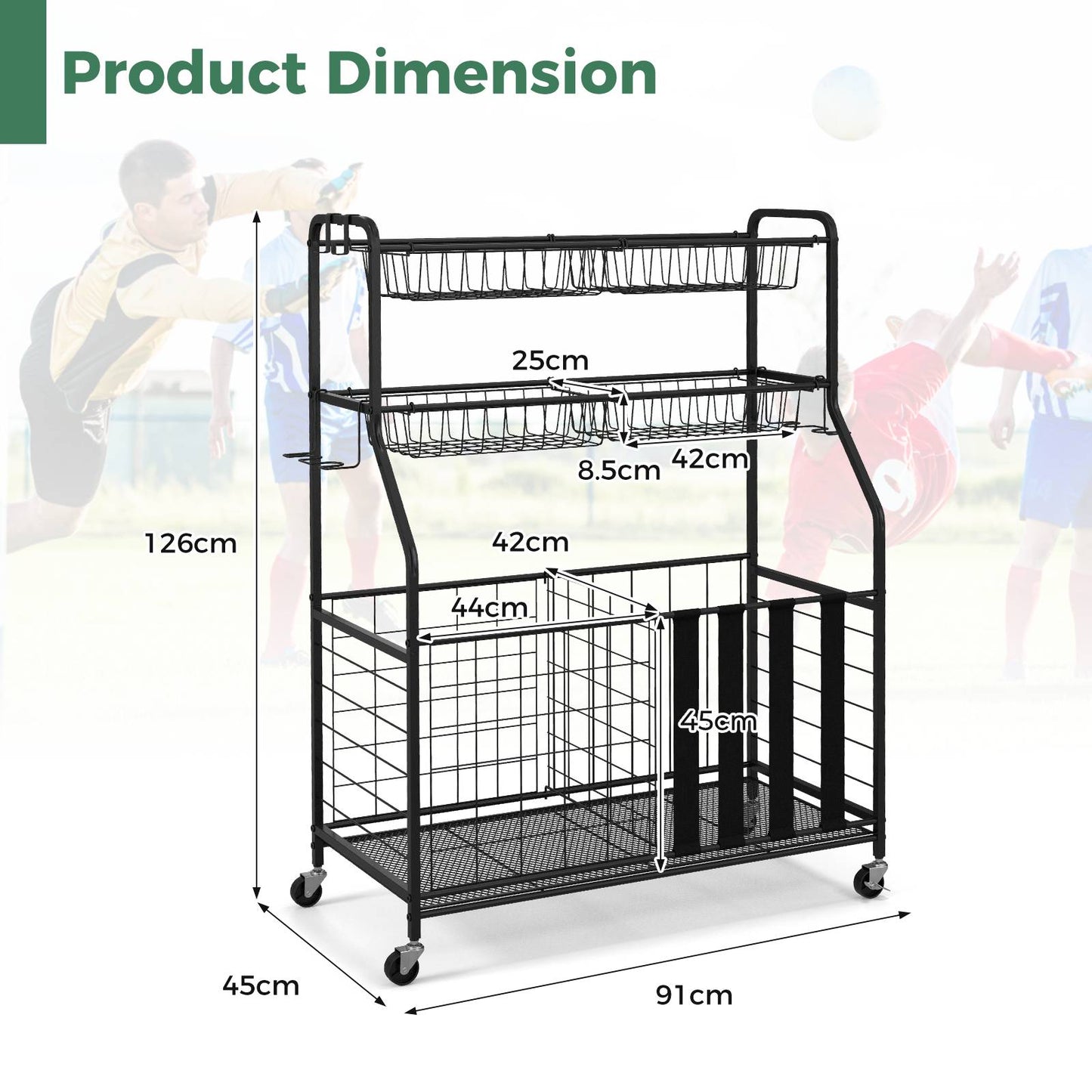 Sports Equipment Storage Rack Rolling Sports Ball Storage Cart-Black