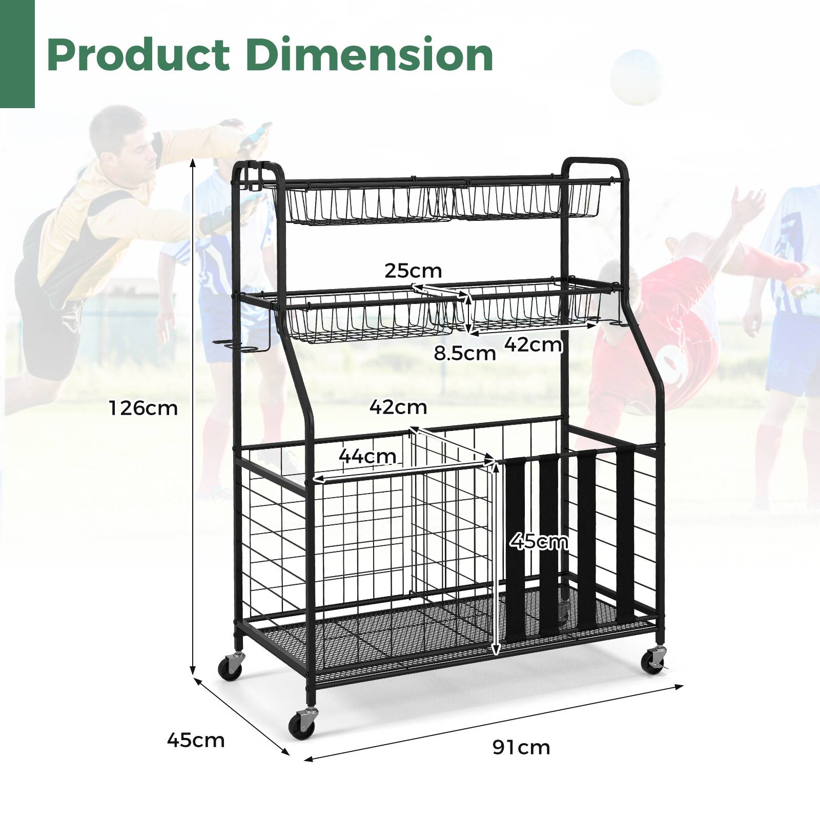 Sports Equipment Storage Rack Rolling Sports Ball Storage Cart-Black