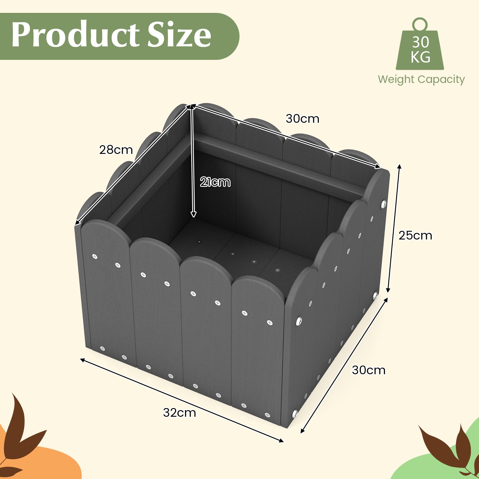 2 Pack Square Planter Box with Drainage Gaps-Grey