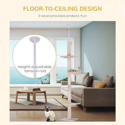 PawHut Floor to Ceiling Cat Tree Height Adjustable 230-260cm, 5-Tier Cat Tower with Scratching Post, Hammock, Perches, Climbing Activity Centre for Indoor Kittens, Beige