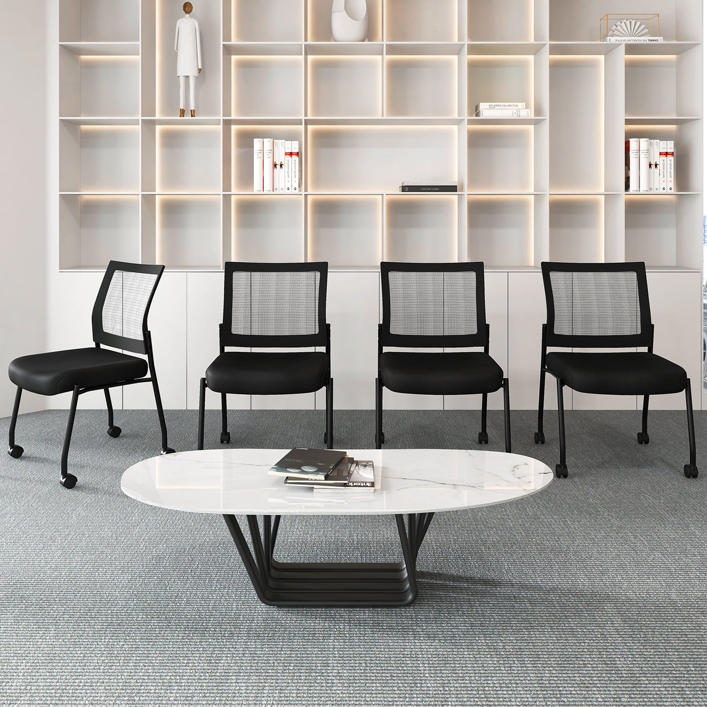 Stackable Armless Waiting Room Guest Chair with Wheels Set of 4-Black