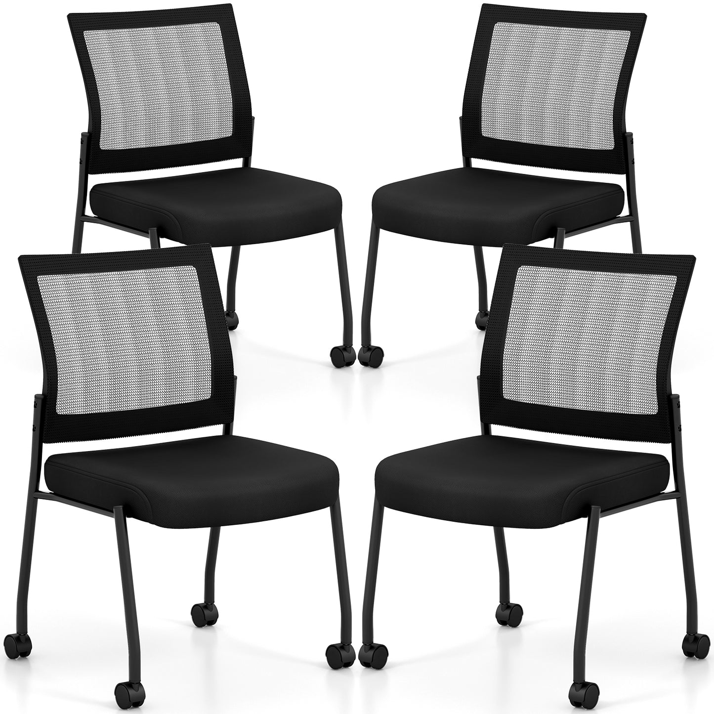 Stackable Armless Waiting Room Guest Chair with Wheels Set of 4-Black