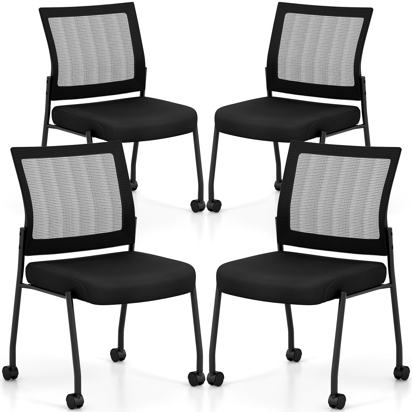 Stackable Armless Waiting Room Guest Chair with Wheels Set of 4-Black