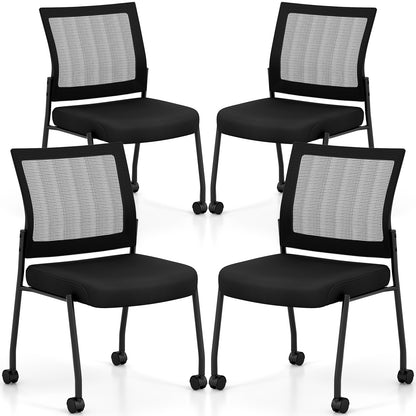 Stackable Armless Waiting Room Guest Chair with Wheels Set of 4-Black