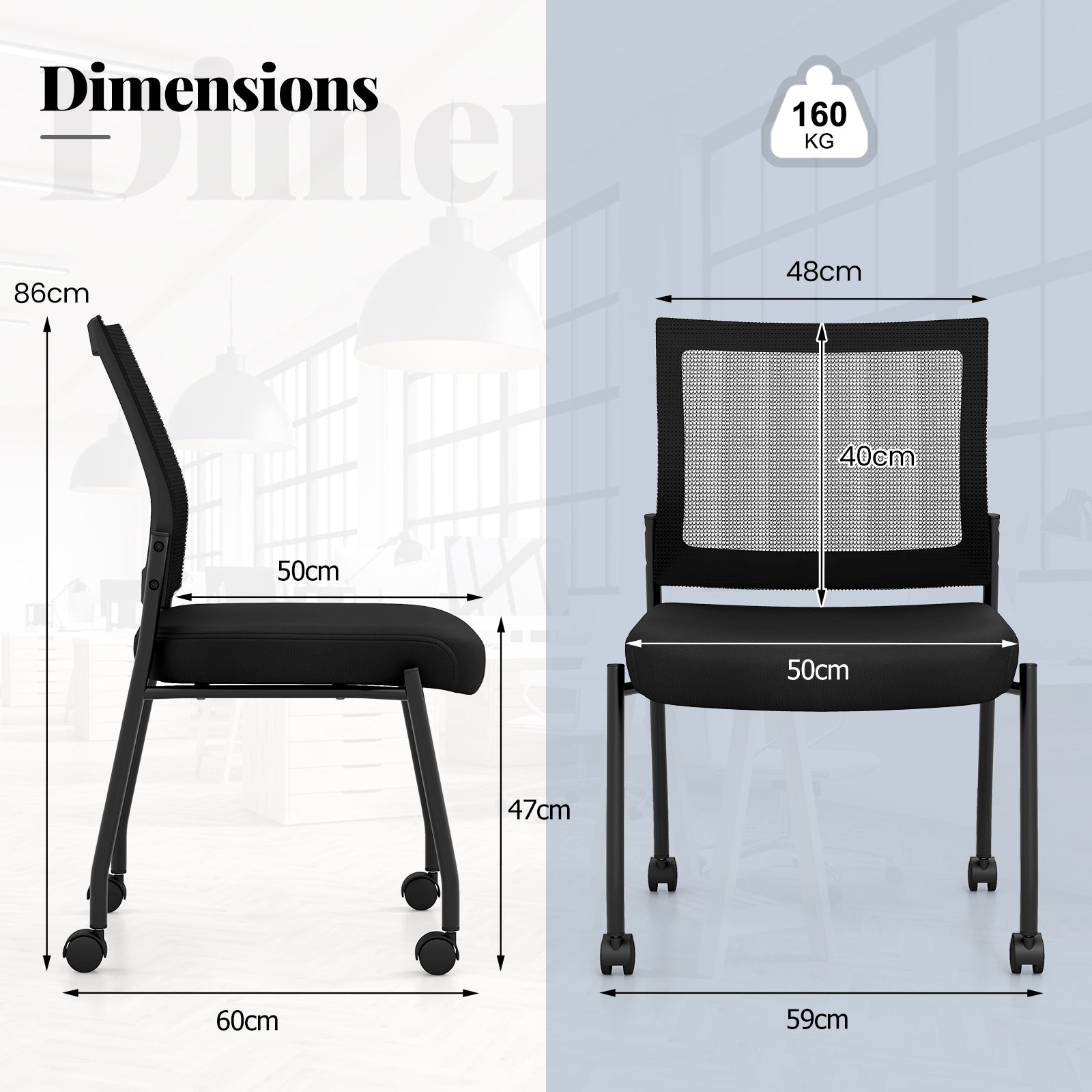 Stackable Armless Waiting Room Guest Chair with Wheels Set of 4-Black