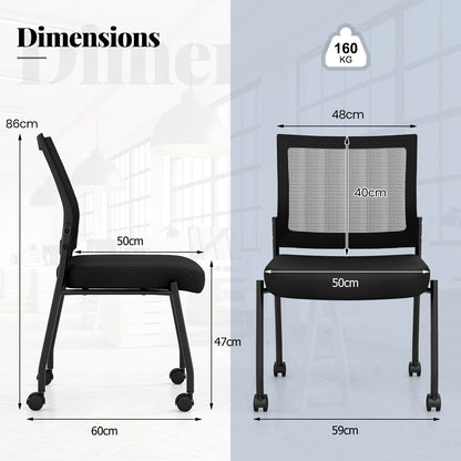 Stackable Armless Waiting Room Guest Chair with Wheels Set of 4-Black