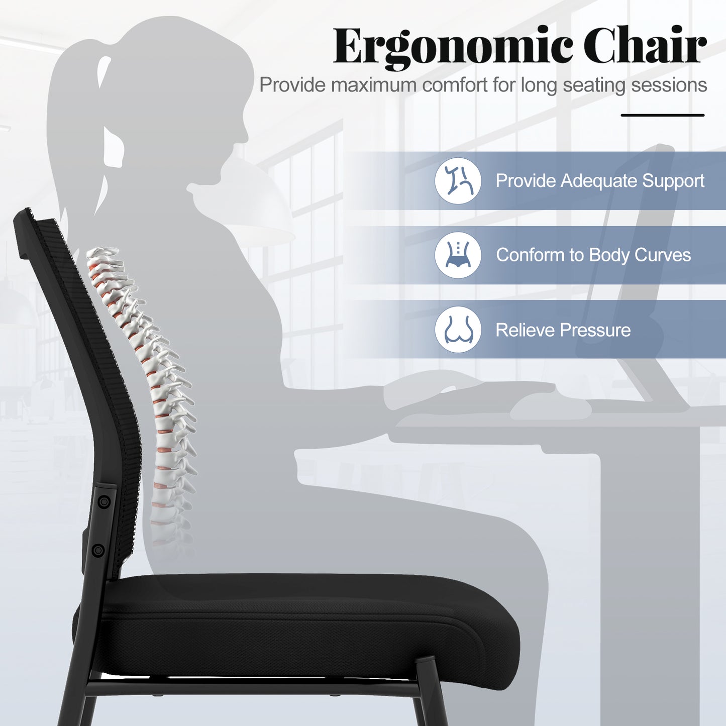 Stackable Armless Waiting Room Guest Chair with Wheels Set of 4-Black