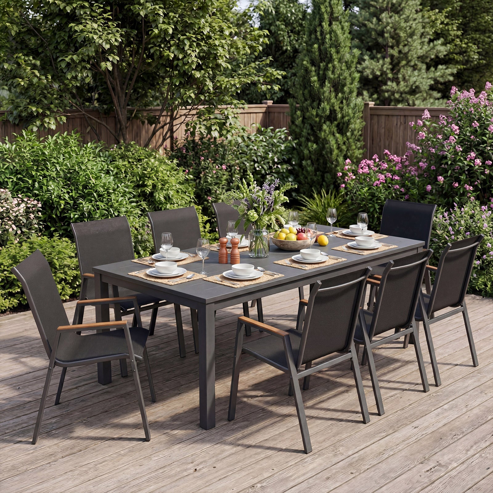 Stackable Patio Chairs Set of 2 Outdoor Breathable Fabric Dining Chairs with High Backs-Black