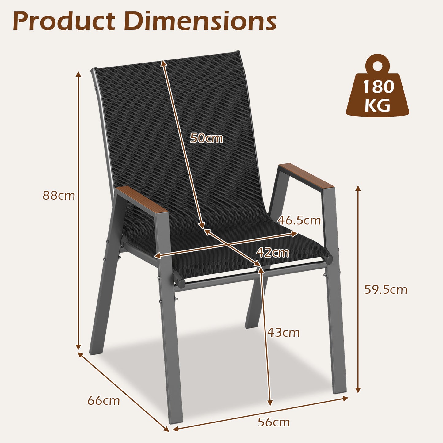 Stackable Patio Chairs Set of 2 Outdoor Breathable Fabric Dining Chairs with High Backs-Black