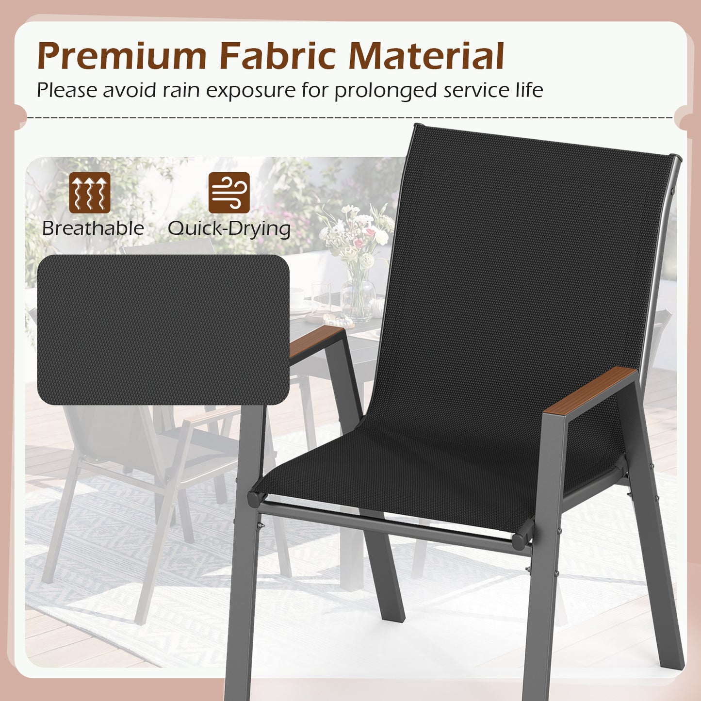 Stackable Patio Chairs Set of 2 Outdoor Breathable Fabric Dining Chairs with High Backs-Black