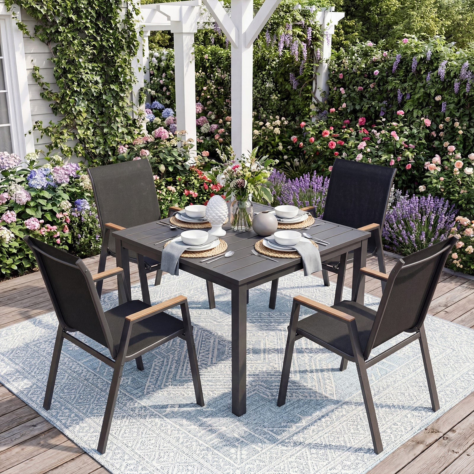 Stackable Patio Chairs Set of 4 Outdoor Breathable Fabric Dining Chairs with High Backs-Black