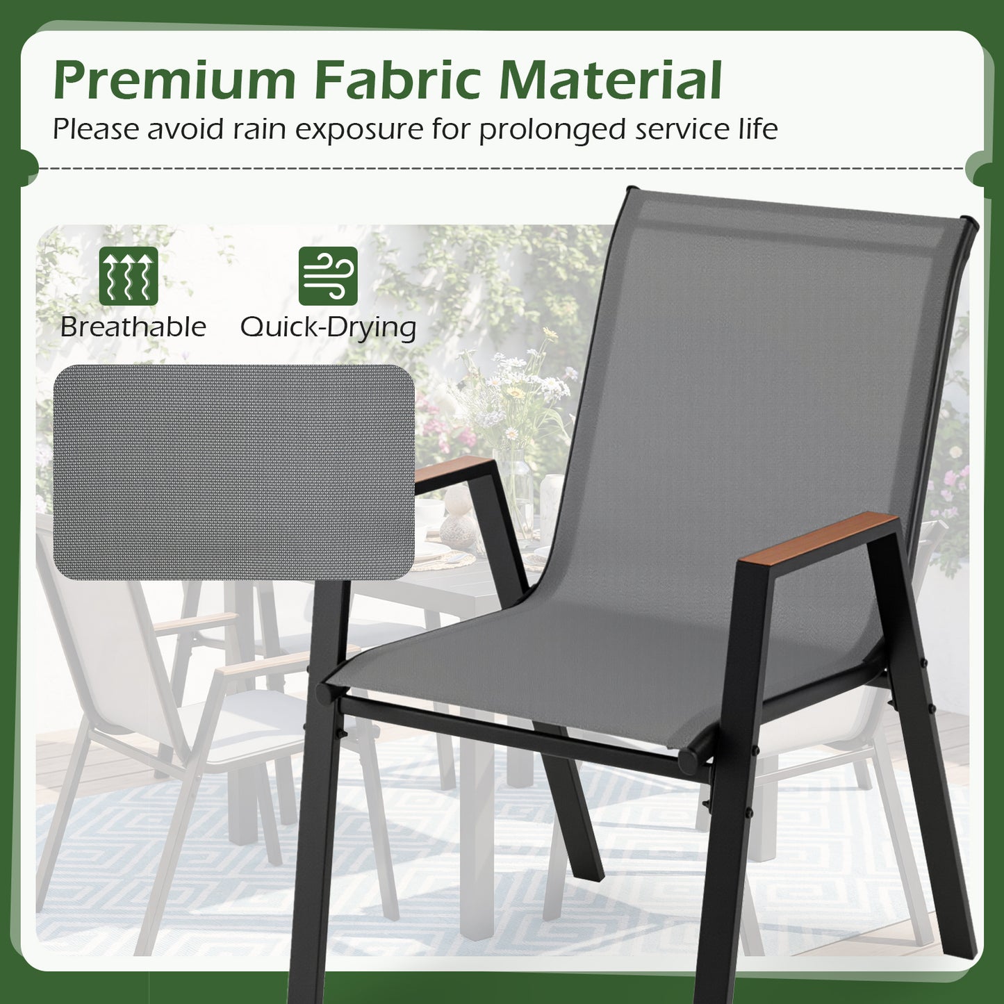 Stackable Patio Chairs Set of 4 Outdoor Breathable Fabric Dining Chairs with High Backs-Grey