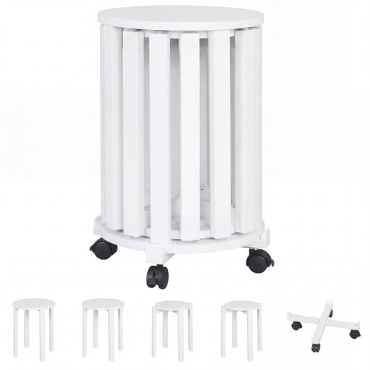 Stackable Stools Set of 4 with Rolling Base Solid Rubber Wood Nesting Stools-White