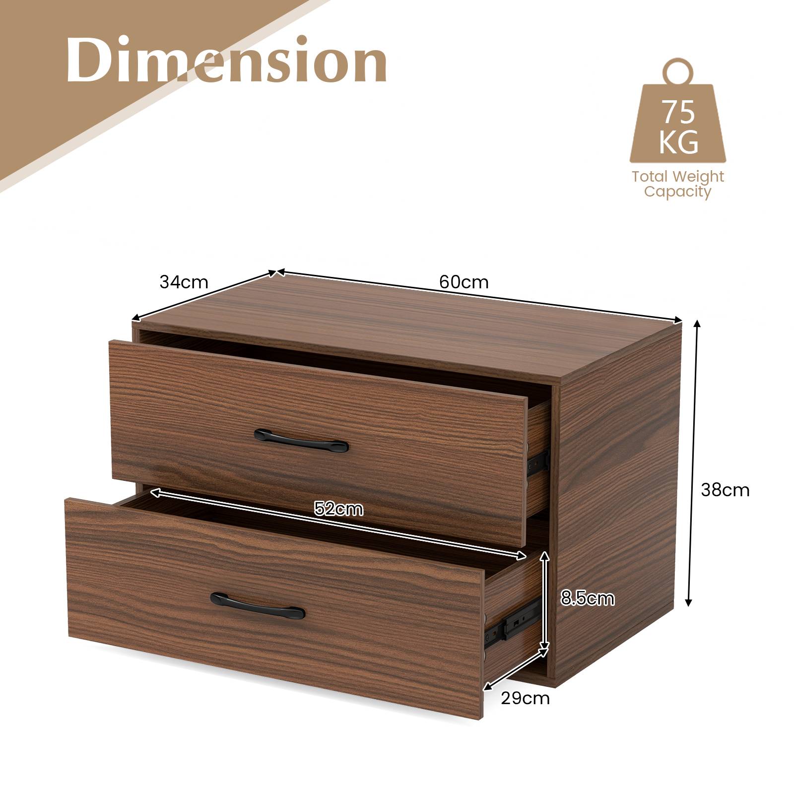 Stackable 2-Drawer Dresser with Anti-scratch Pads and Anti-tipping Devices-Walnut