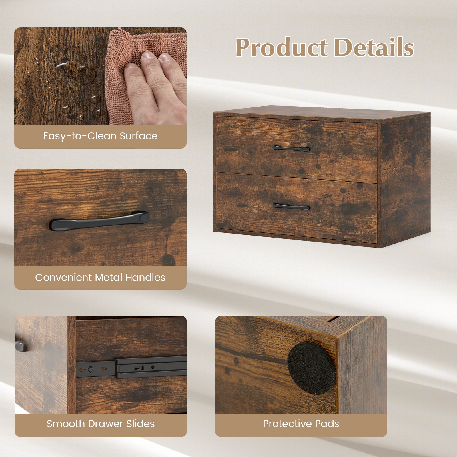 Stackable 2-Drawer Dresser with Anti-scratch Pads and Anti-tipping Devices-Rustic Brown
