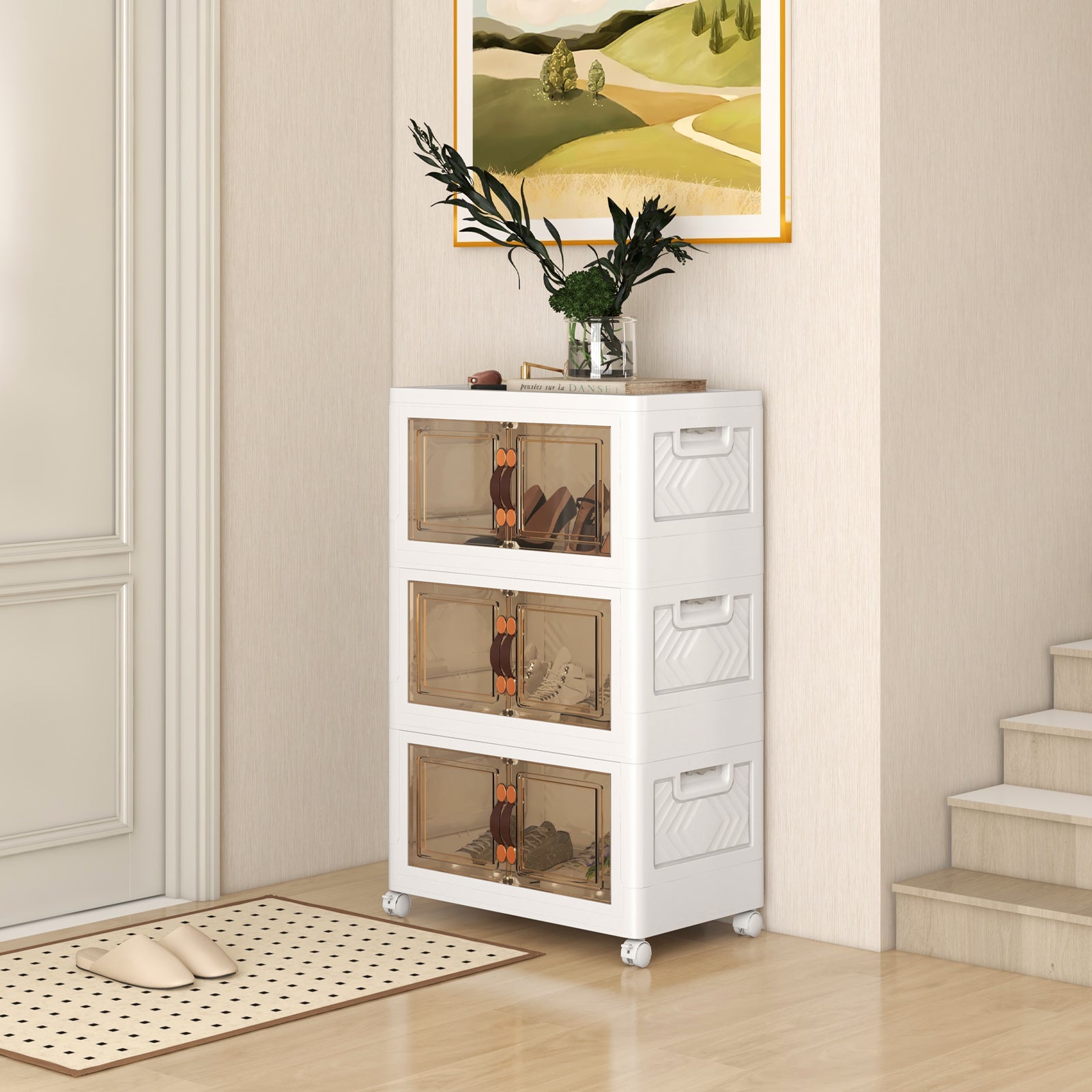 Folding 3 Pack PP 157 L Stackable Storage Bins with Lockable Wheels-White