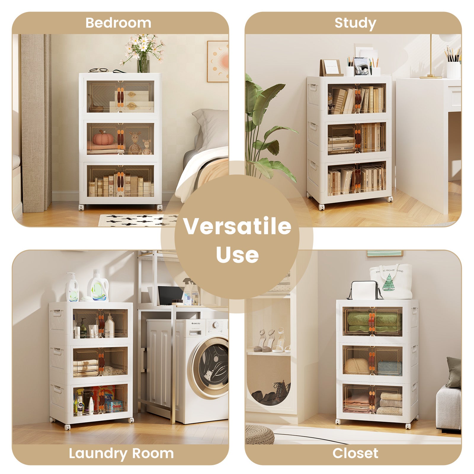 Folding 3 Pack PP 157 L Stackable Storage Bins with Lockable Wheels-White