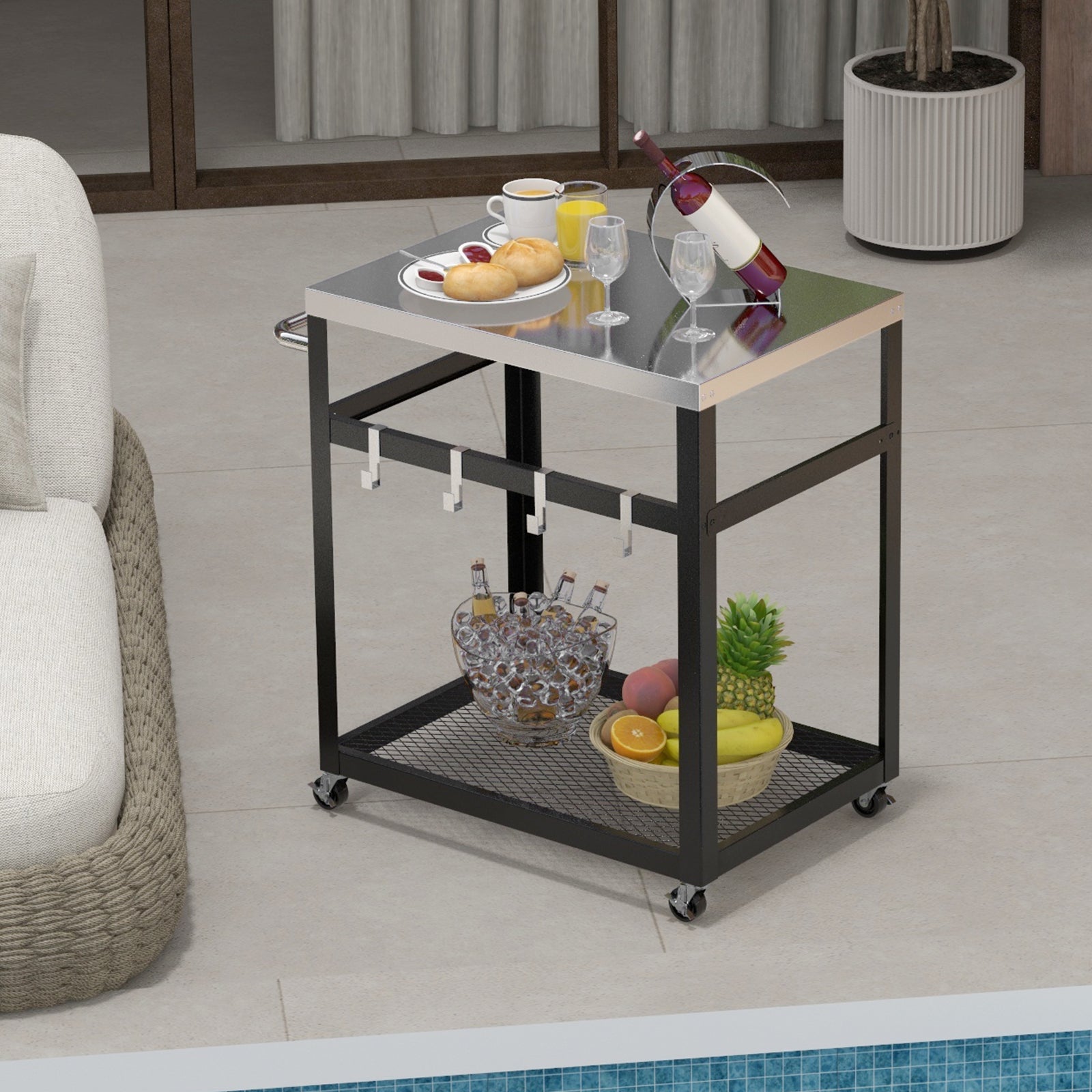2-tier Stainless Steel Grill Cart with Wheels and Handle-Black