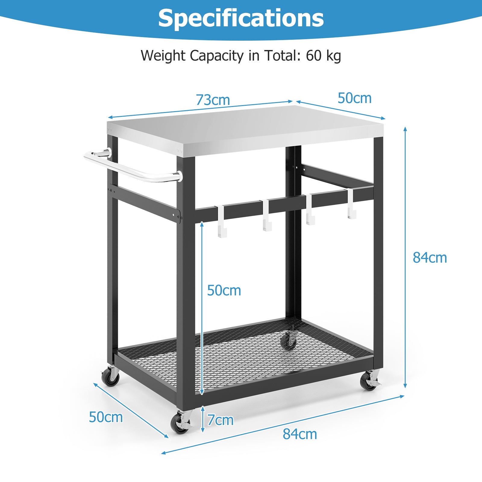 2-tier Stainless Steel Grill Cart with Wheels and Handle-Black