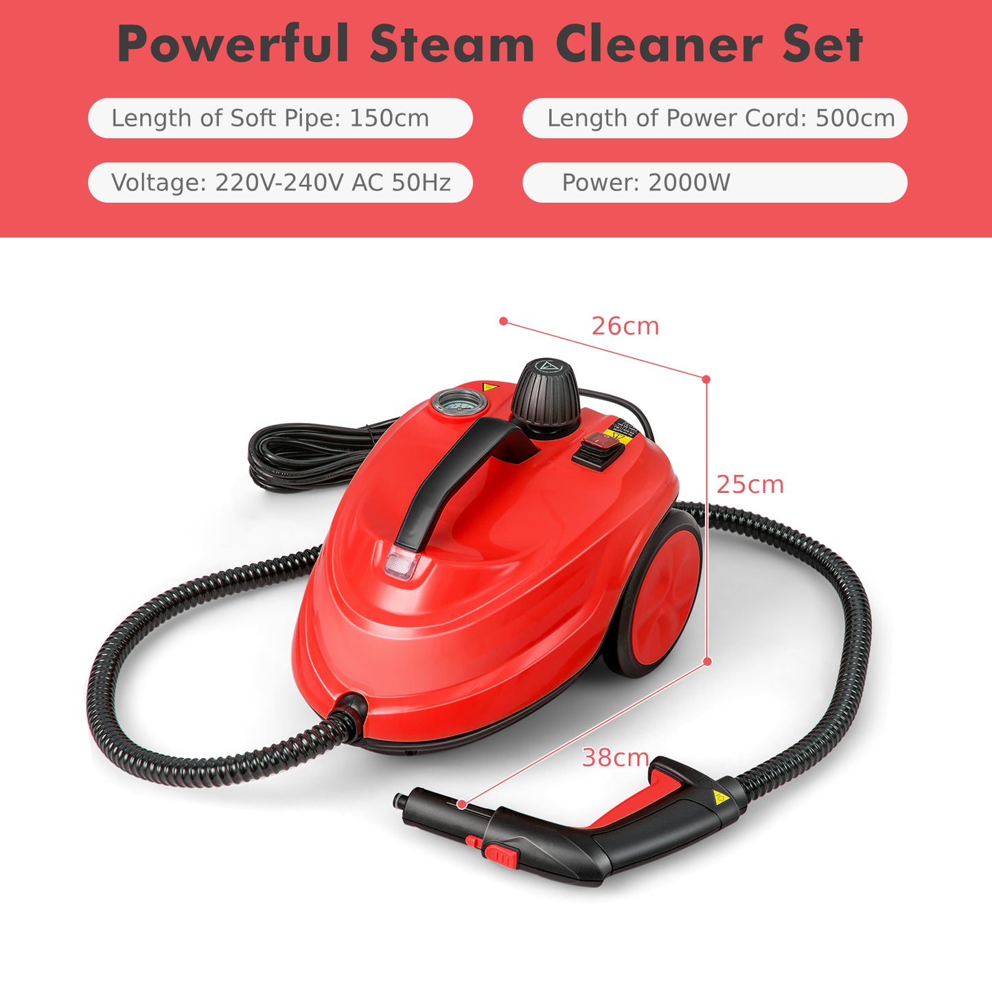 Steam Cleaner 2000W High Pressure Steamer Cleaning Machine with 15-Piece Accessories-Red
