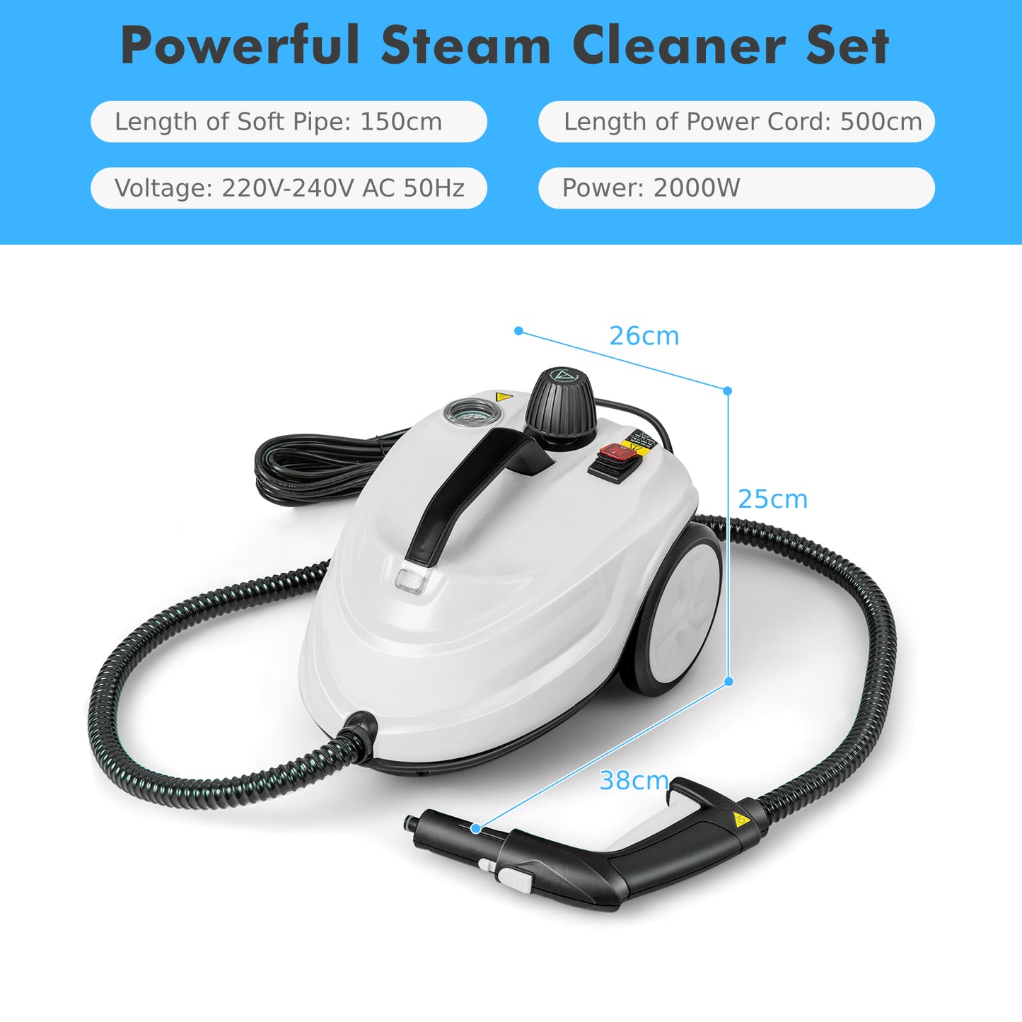 Steam Cleaner 2000W High Pressure Steamer Cleaning Machine with 15-Piece Accessories-White