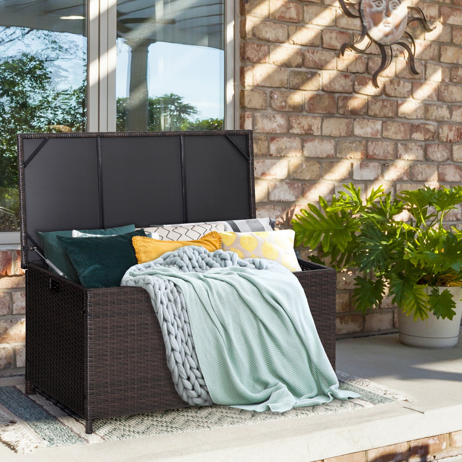 190L Deck Storage Box Patio Rattan Storage Container with 2 Wheels