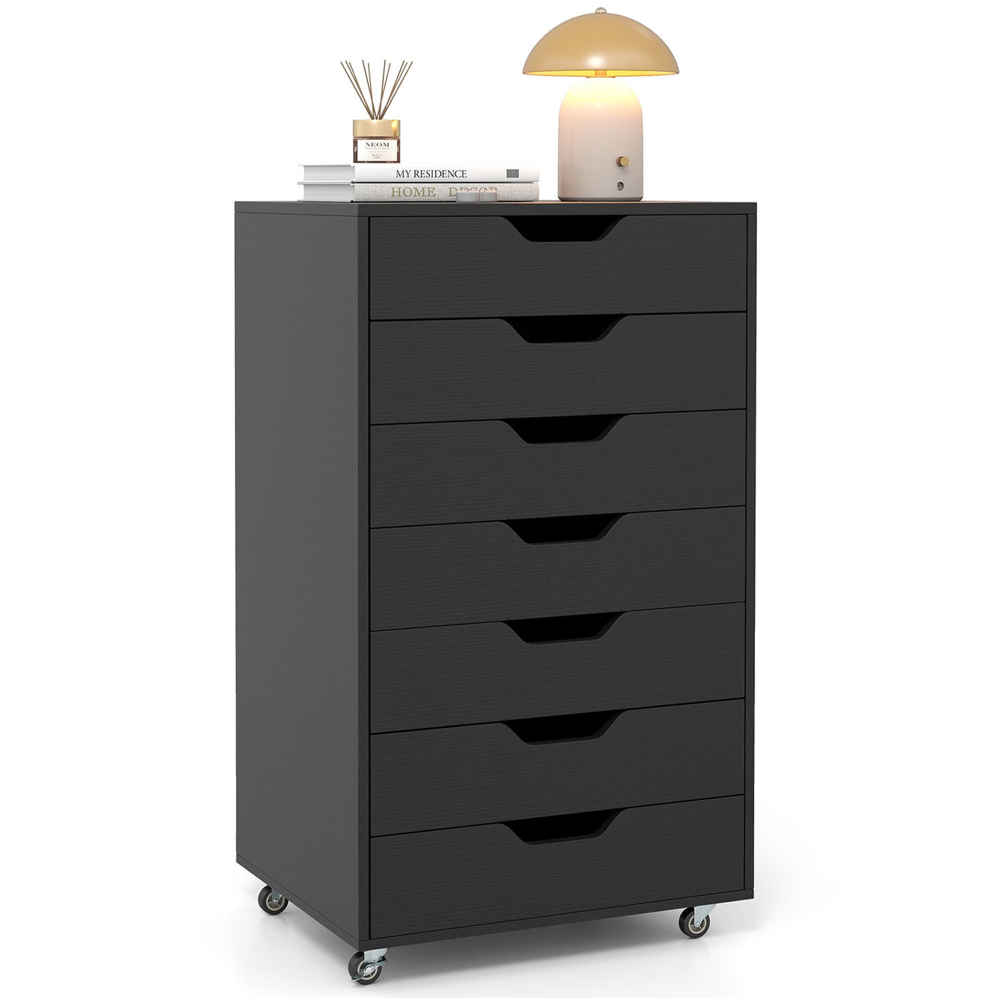 Rolling container with 7 drawers, mobile filing cabinet with wheels, office container, drawer cabinet, black