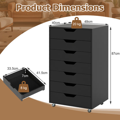 Rolling container with 7 drawers, mobile filing cabinet with wheels, office container, drawer cabinet, black