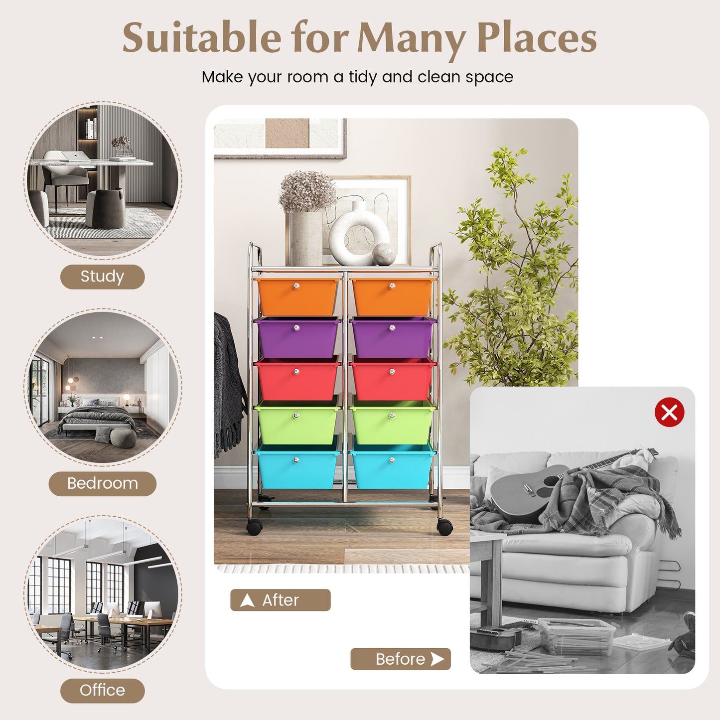 Storage Rolling Cart with 10-Drawer for Tools Scrapbook Paper Organising-Multicolor