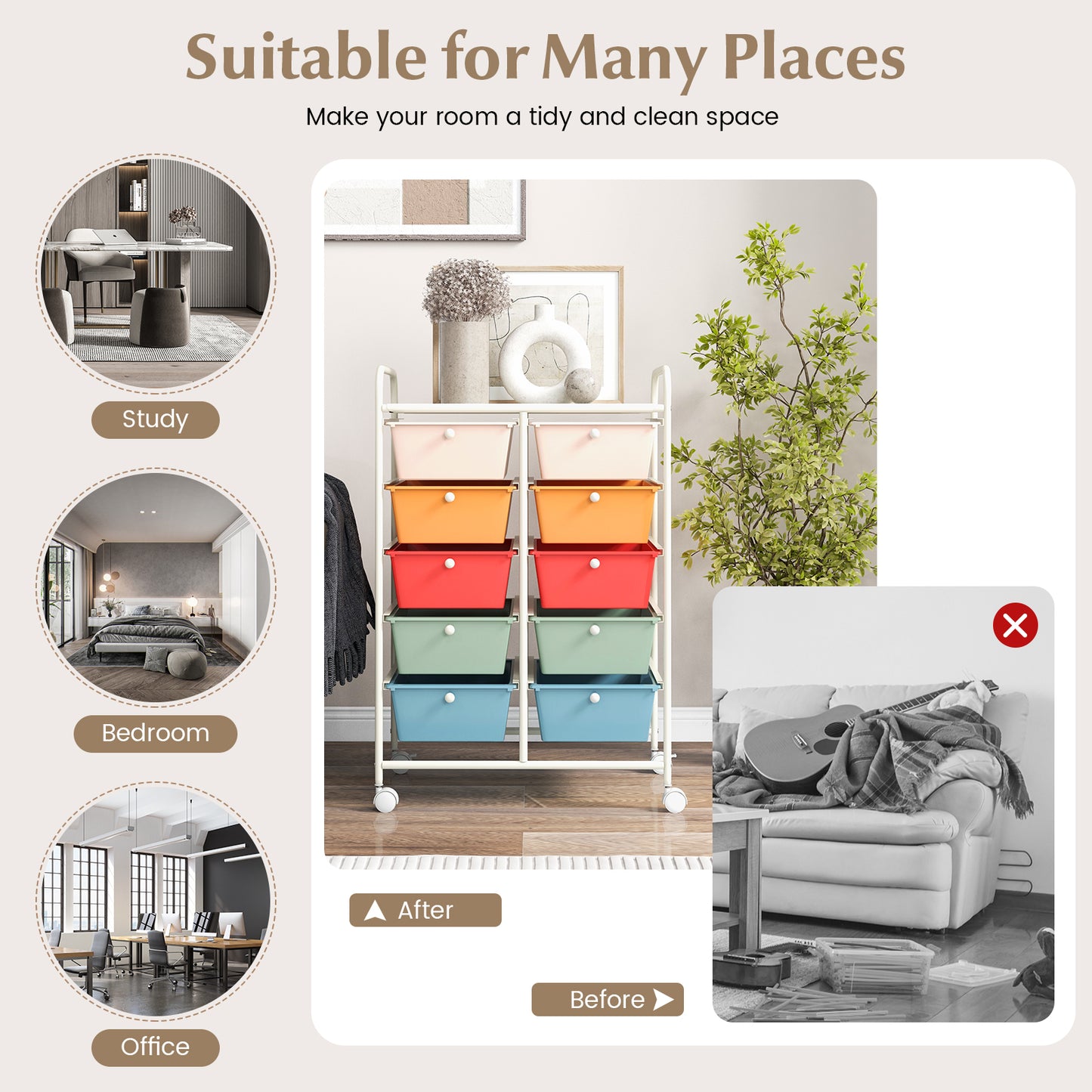 Storage Rolling Cart with 10-Drawer for Tools Scrapbook Paper Organising-Colourful