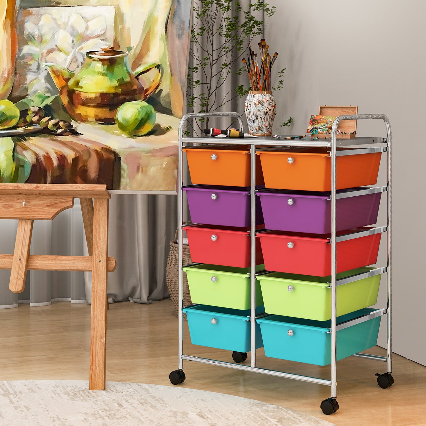 Storage Rolling Cart with 10-Drawer for Tools Scrapbook Paper Organising-Multicolor