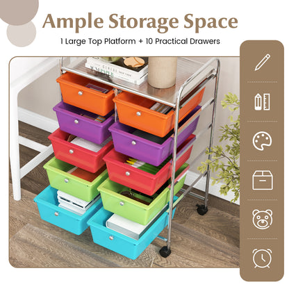 Storage Rolling Cart with 10-Drawer for Tools Scrapbook Paper Organising-Multicolor